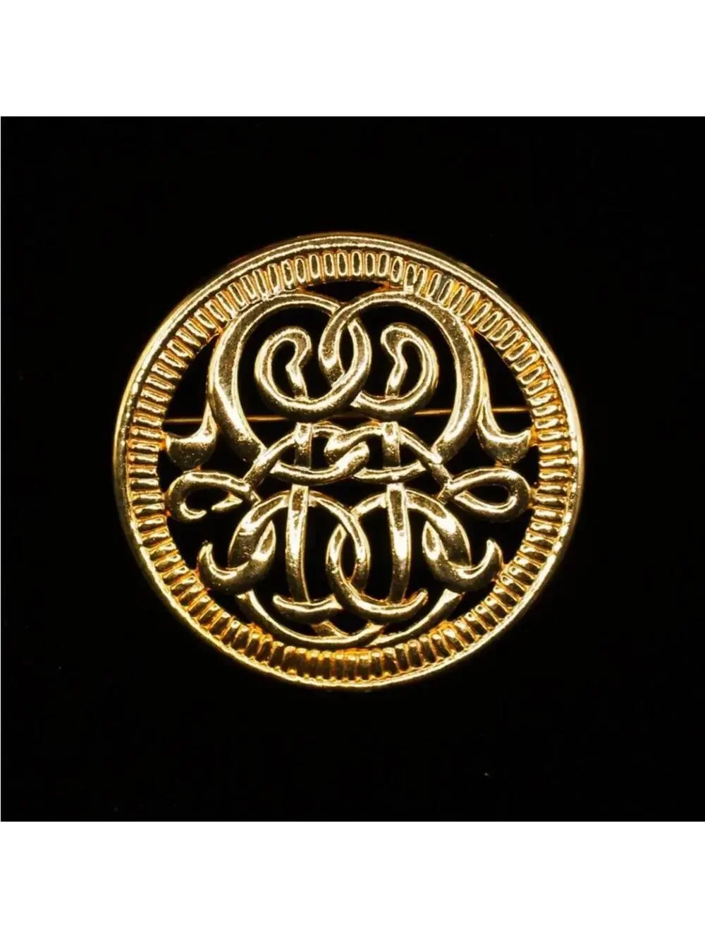 Vintage Gold Tone Filigree Monogram Round Brooch 1